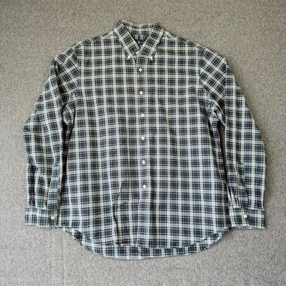 Ralph Lauren Mens XL Plaid Button Down Shirt Green Navy Blue Long Sleeve Cotton